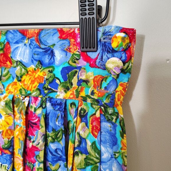 Floral Pleated Skirt Womens Size 8 Vintage 90s High Waist Midi Bright Colorful - Picture 2 of 9